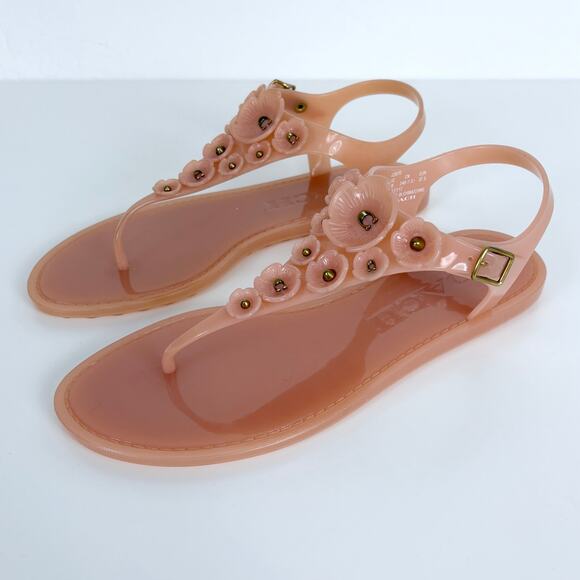 Coach Tea Rose Jelly Flat Floral Studded Sandals Size 7 - Picture 2 of 9